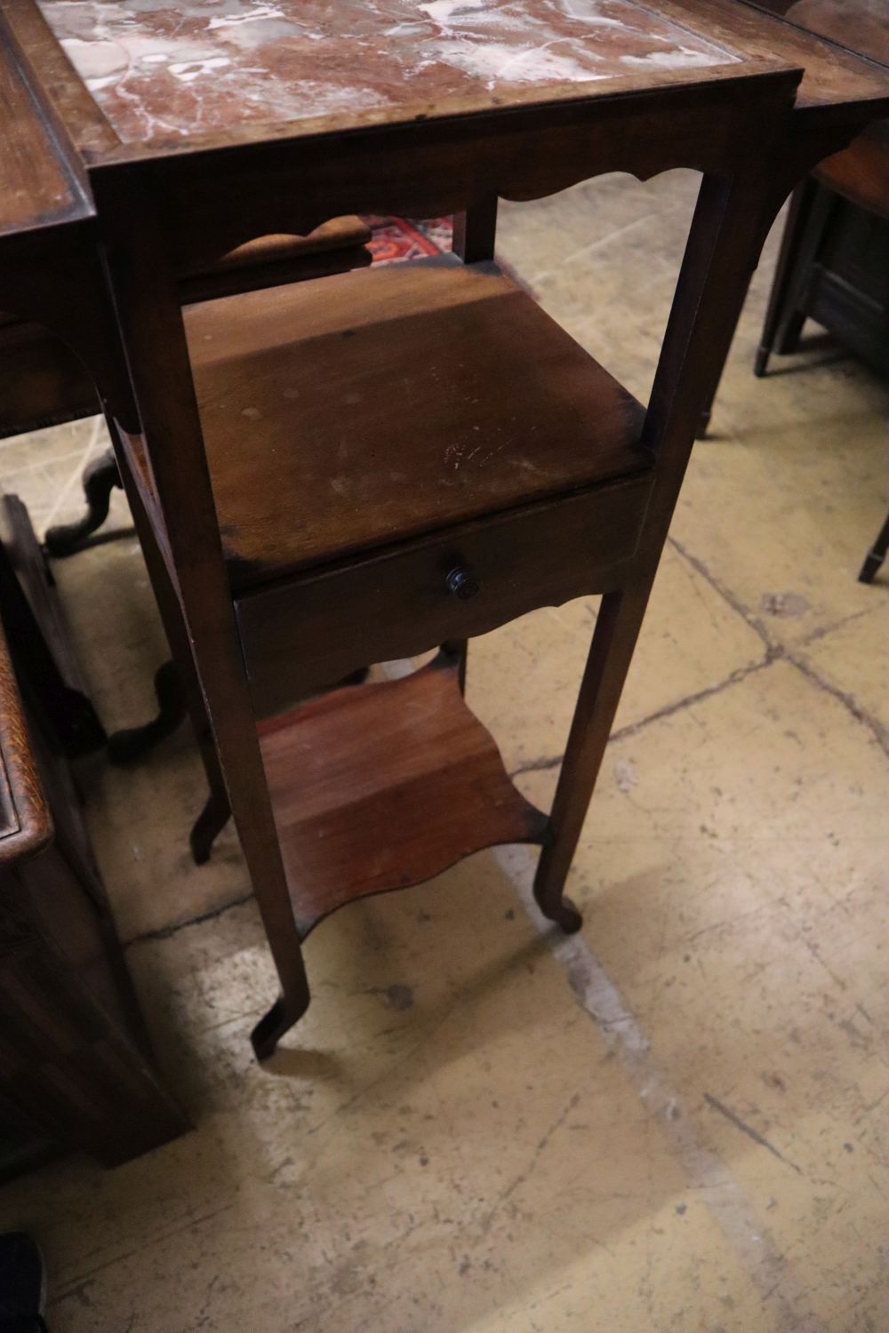 A late Victorian marble top shaving stand, width 56cm depth 33cm height 150cm